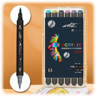 ROYMART - Feutres Acryliques ARTIST Sans Amorçage - Double Pointe Fine et Pinceau - 12 Couleurs