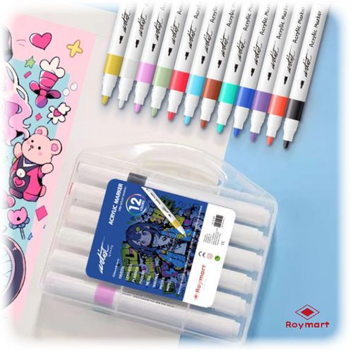 ROYMART - Feutres Acryliques PRIME Sans Amorçage - Pointe Moyenne - 12 Couleurs