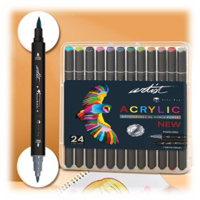 ROYMART - Feutres Acryliques ARTIST Sans Amorçage - Double Pointe Fine et Pinceau - 24 Couleurs