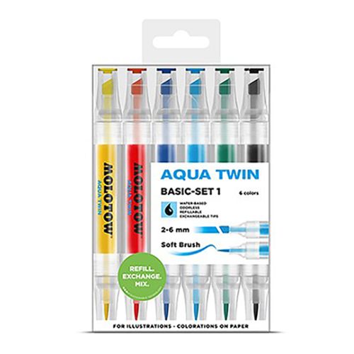 MOLOTOW - AQUA TWIN - Feutres Aquarellables - 6 Couleurs - Basic Set