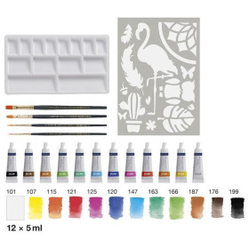 FABER-CASTELL - Set Aquarelle - 12 Tubes 5ml + Pinceaux + Palette + Pochoir - 18 Pièces