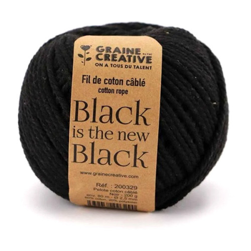 GRAINE CREATIVE - Twisted Cotton String - 2.5 mm - 80 m - 200 g - Black