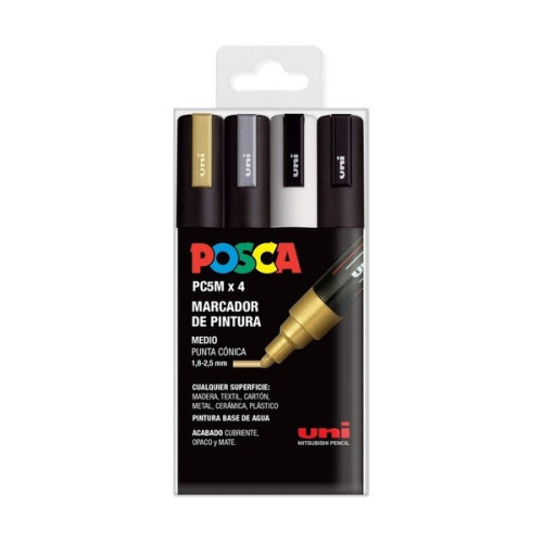 POSCA - Marqueurs PC-5M - Étui de 4 - Or Argent Blanc Noir